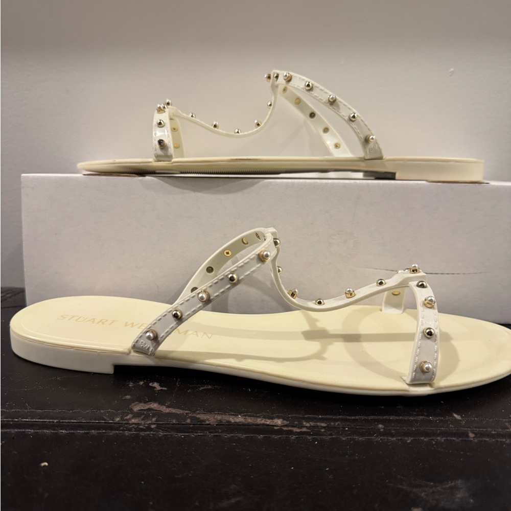 Stuart Weitzman White and Gold Studded Sandals